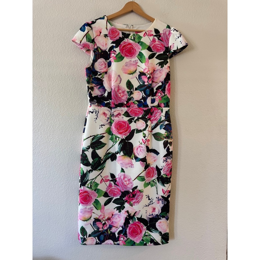 Betsey Johnson Floral Cap Sleeve Sheath Dress Size 10 Pink White Roses Excellent